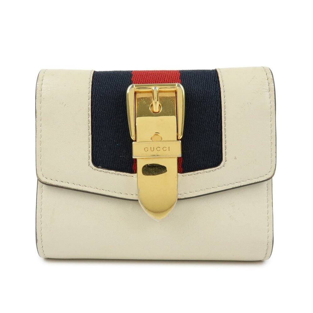 Gucci Sylvie Web Buckle Leather Tri-Fold Wallet Beige